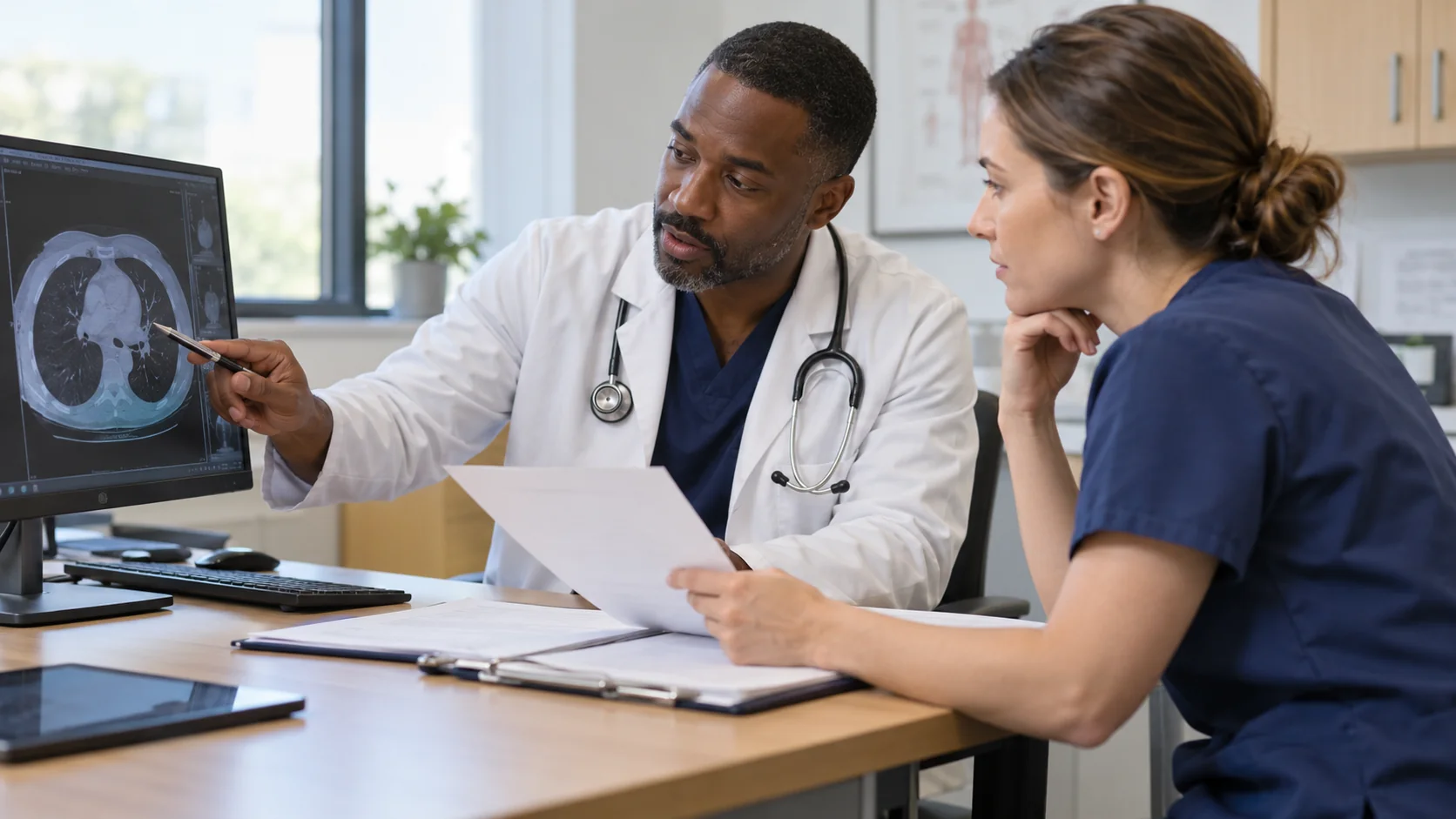 Two clinicians reviewing an imaging order in an outpatient office
