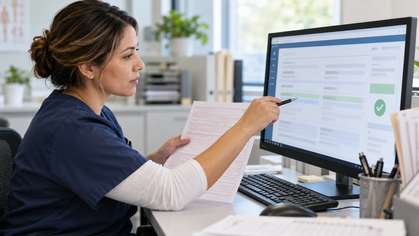 Billing professional checking a provider directory on a monitor