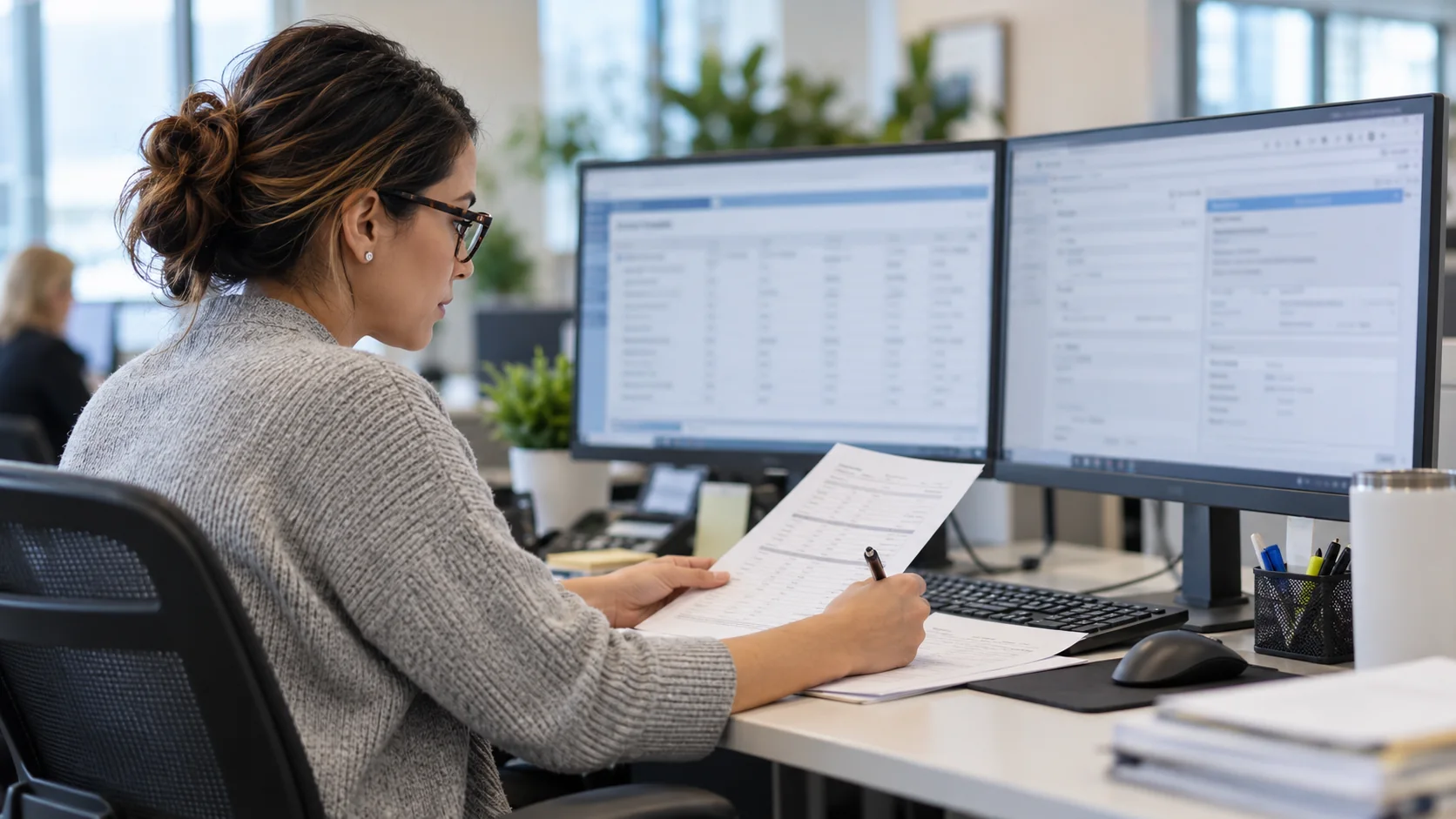 Billing staff checking claim details and authorization records across two monitors